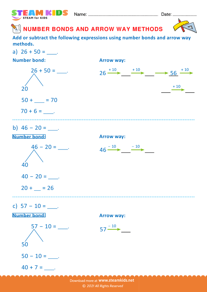 Free Math Worksheet - Arrow way and number bond method - Worksheet 2