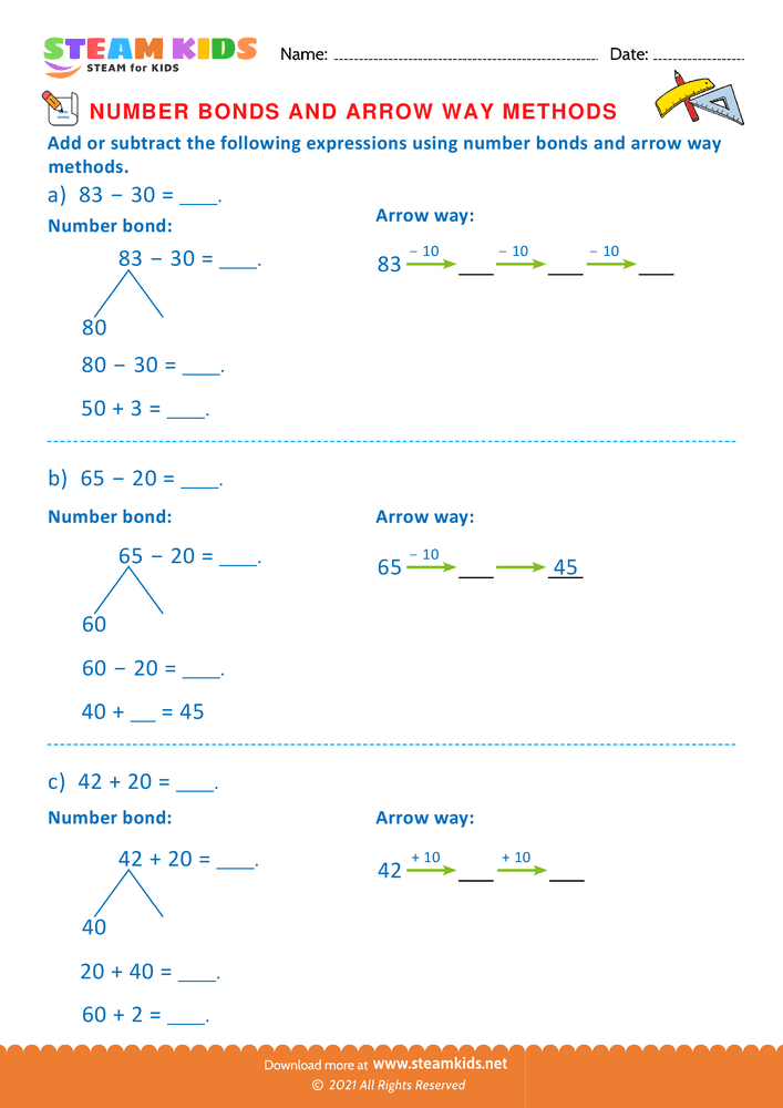 Free Math Worksheet - Arrow way and number bond method - Worksheet 3