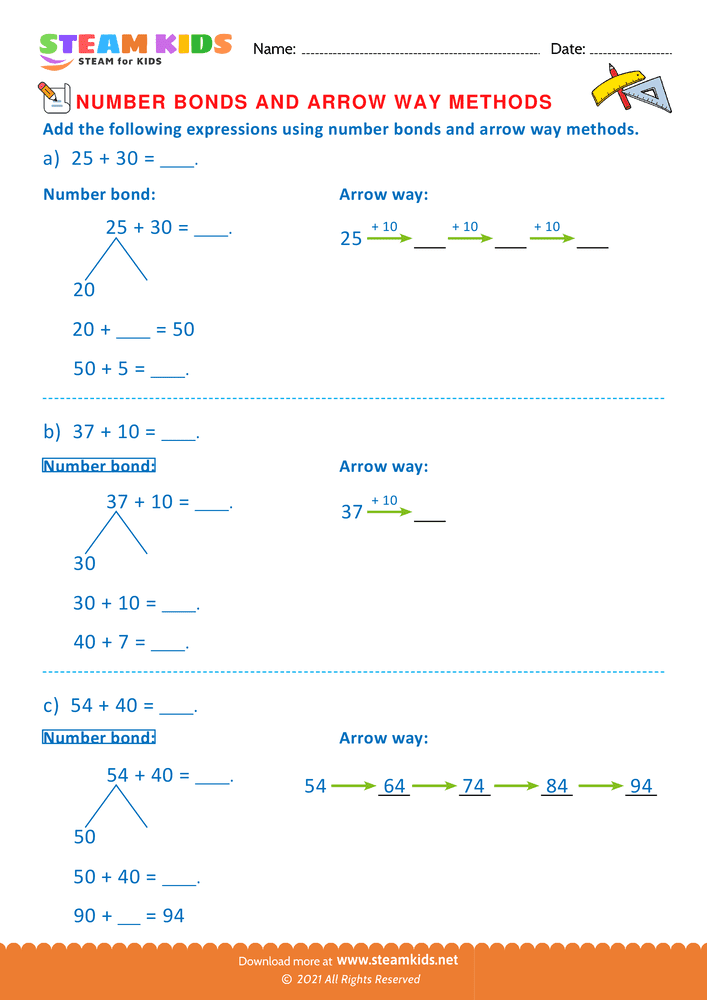 Free Math Worksheet - Arrow way and number bond method - Worksheet 4