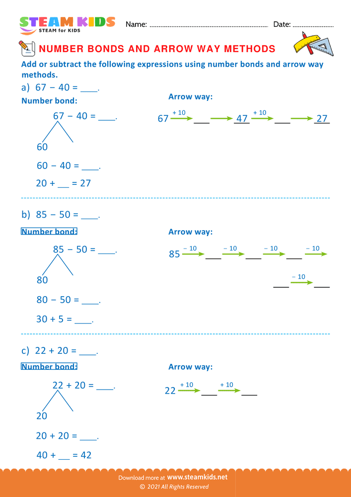 Free Math Worksheet - Arrow way and number bond method - Worksheet 6