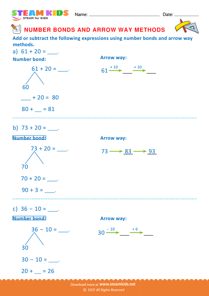 Free Math Worksheet - Arrow way and number bond method - Worksheet 7