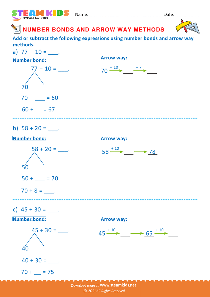 Free Math Worksheet - Arrow way and number bond method - Worksheet 8