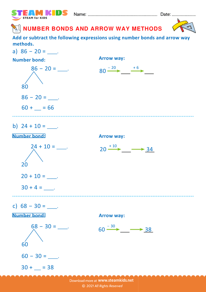 Free Math Worksheet - Arrow way and number bond method - Worksheet 9