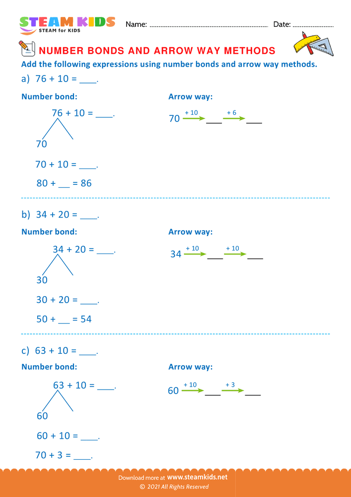 Free Math Worksheet - Arrow way and number bond method - Worksheet 10