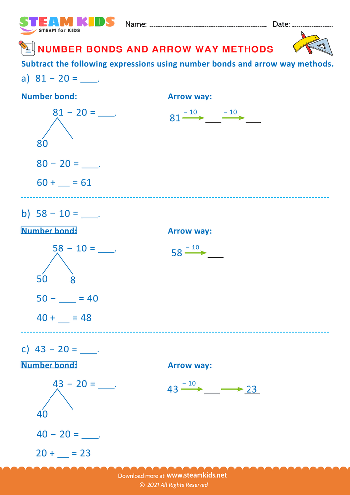 Free Math Worksheet - Arrow way and number bond method - Worksheet 11