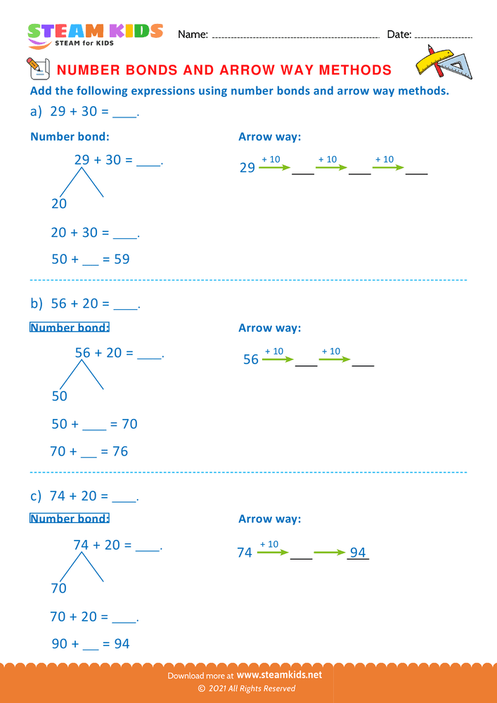 Free Math Worksheet - Arrow way and number bond method - Worksheet 13