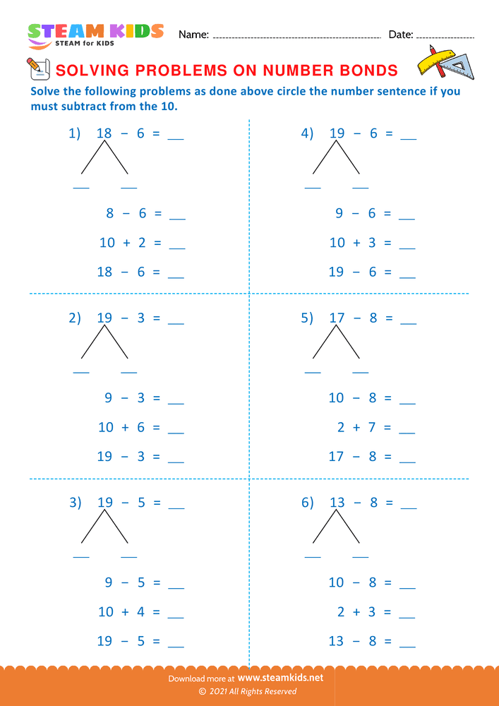 Free Math Worksheet - Solving problems on Number Bond - Worksheet 6