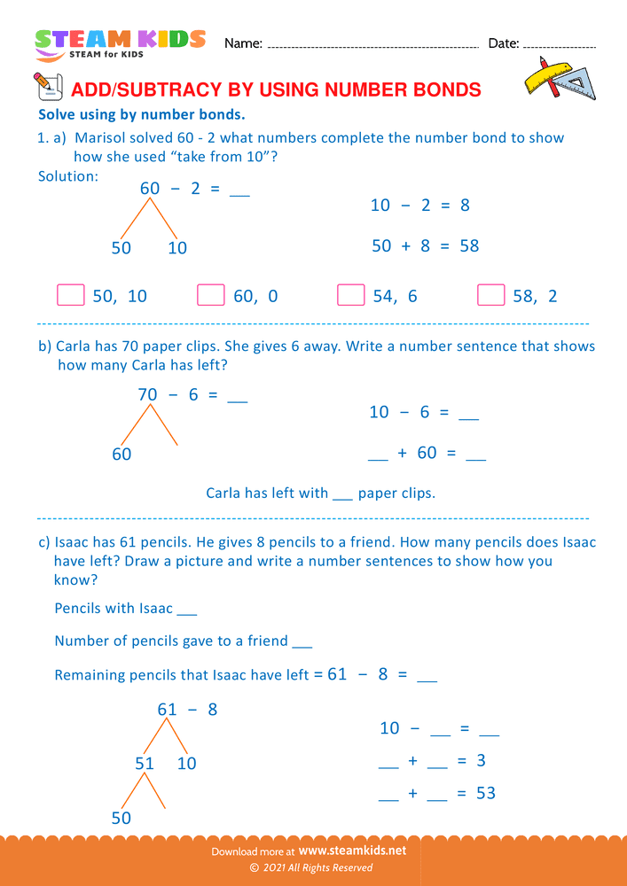 Free Math Worksheet - Add or Subtract by Using Number Bond - Worksheet 1