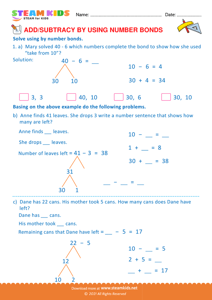 Free Math Worksheet - Add or Subtract by Using Number Bond - Worksheet 2