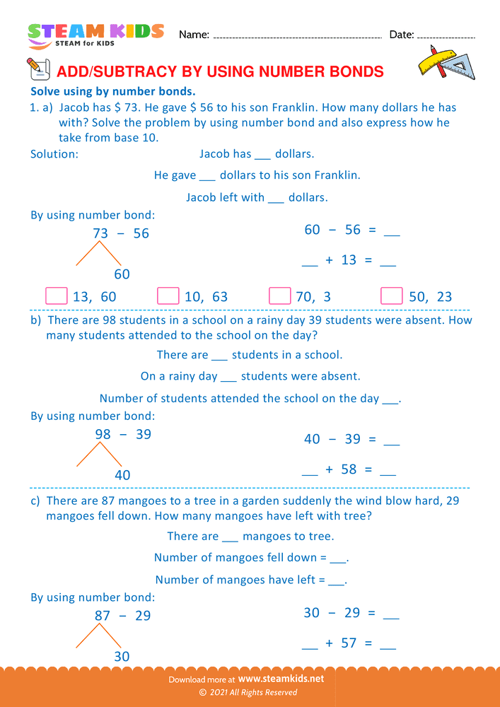 Free Math Worksheet - Add or Subtract by Using Number Bond - Worksheet 3