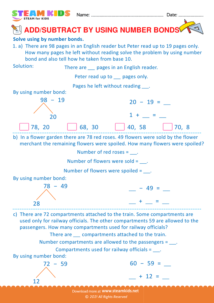 Free Math Worksheet - Add or Subtract by Using Number Bond - Worksheet 4