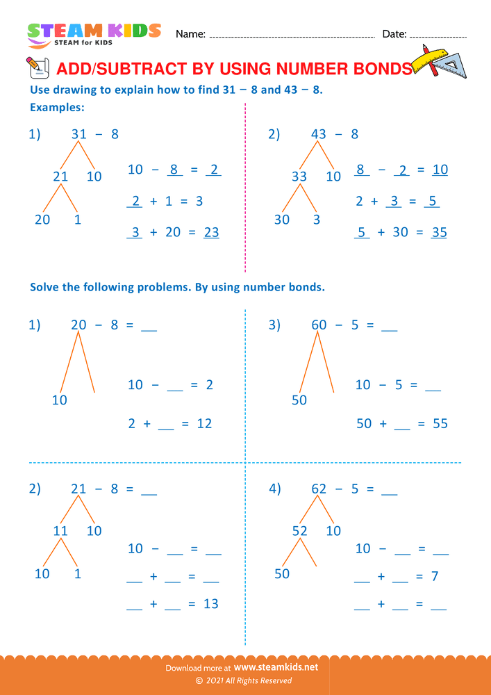 Free Math Worksheet - Add or Subtract by Using Number Bond - Worksheet 5