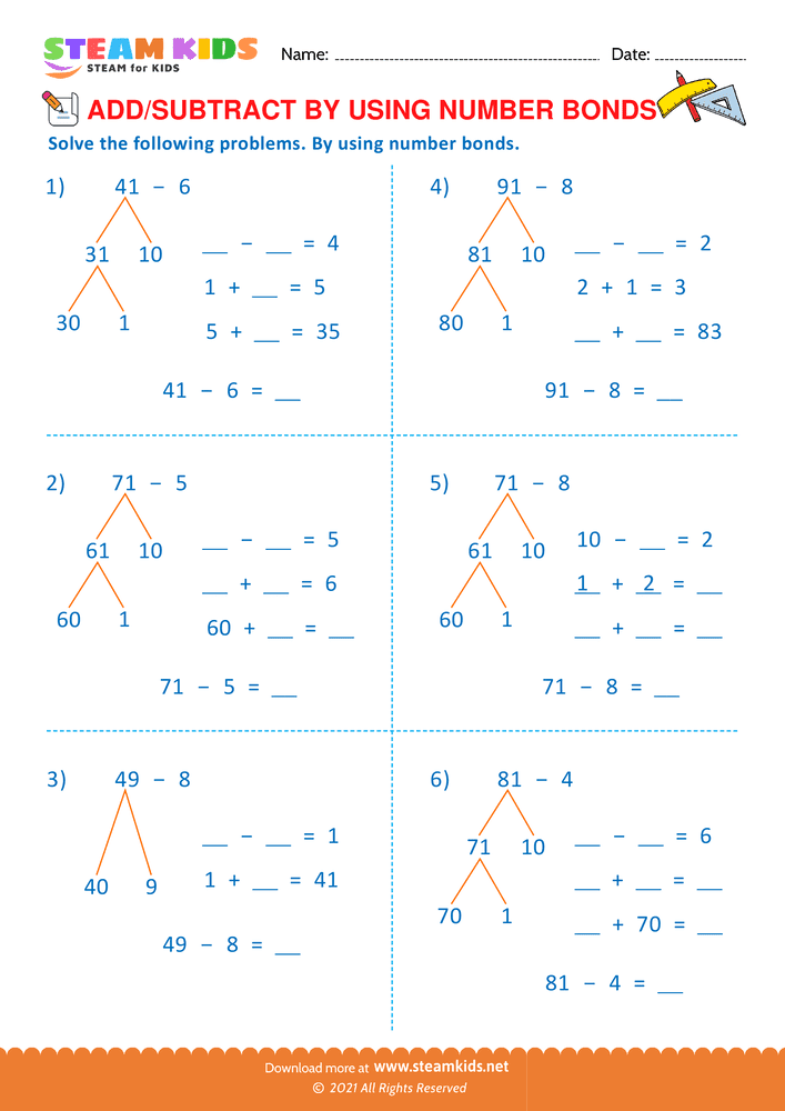 Free Math Worksheet - Add or Subtract by Using Number Bond - Worksheet 6