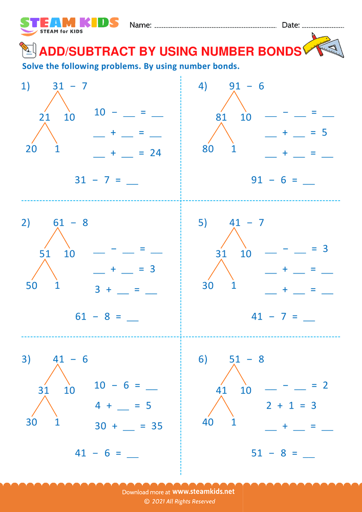 Free Math Worksheet - Add or Subtract by Using Number Bond - Worksheet 7