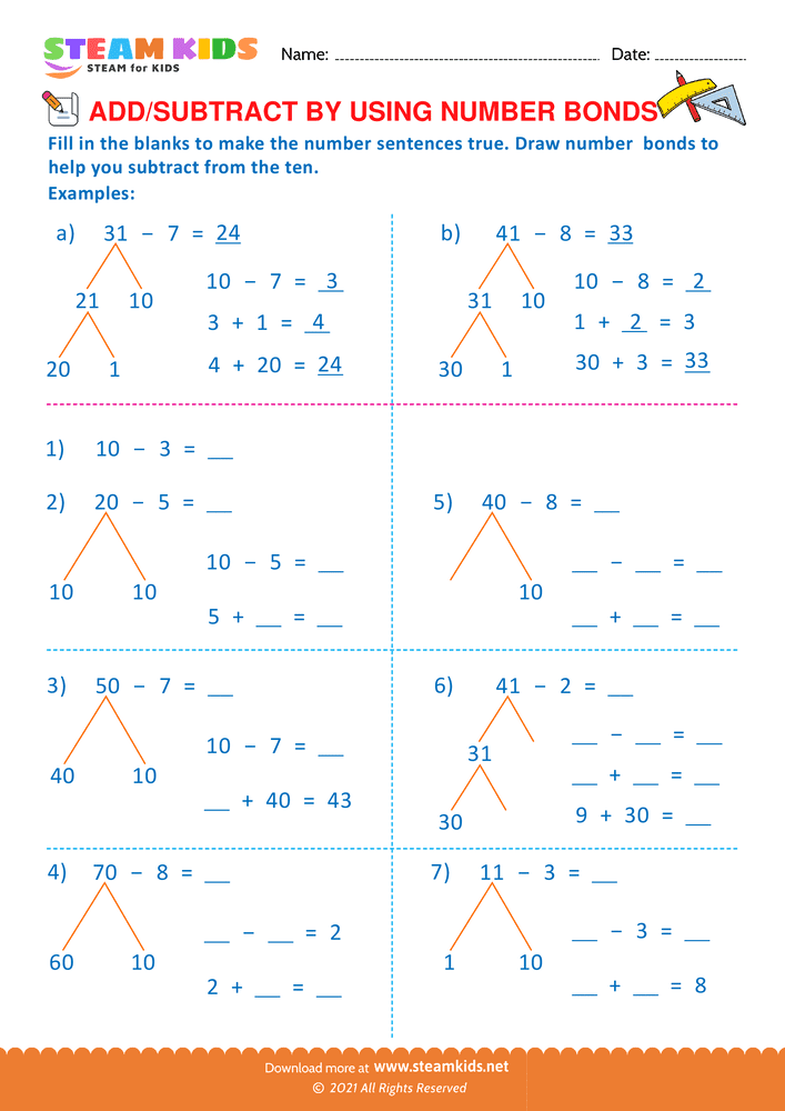 Free Math Worksheet - Add or Subtract by Using Number Bond - Worksheet 8