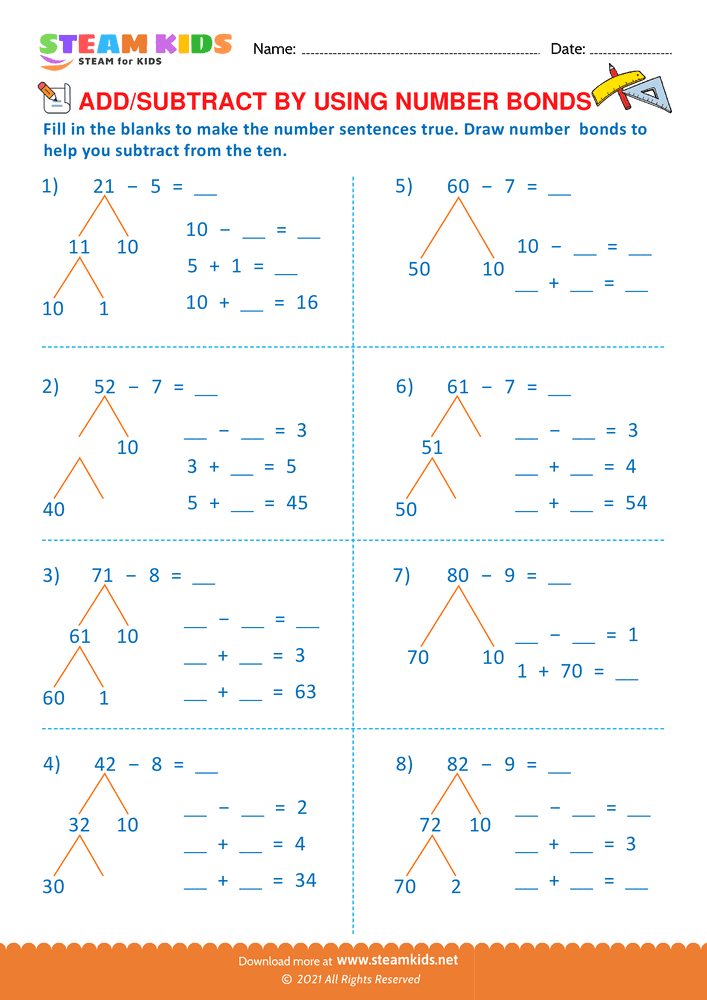 Free Math Worksheet - Add or Subtract by Using Number Bond - Worksheet 9