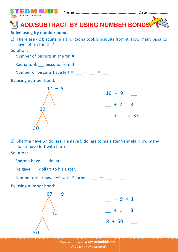 Free Math Worksheet - Add or Subtract by Using Number Bond - Worksheet 11