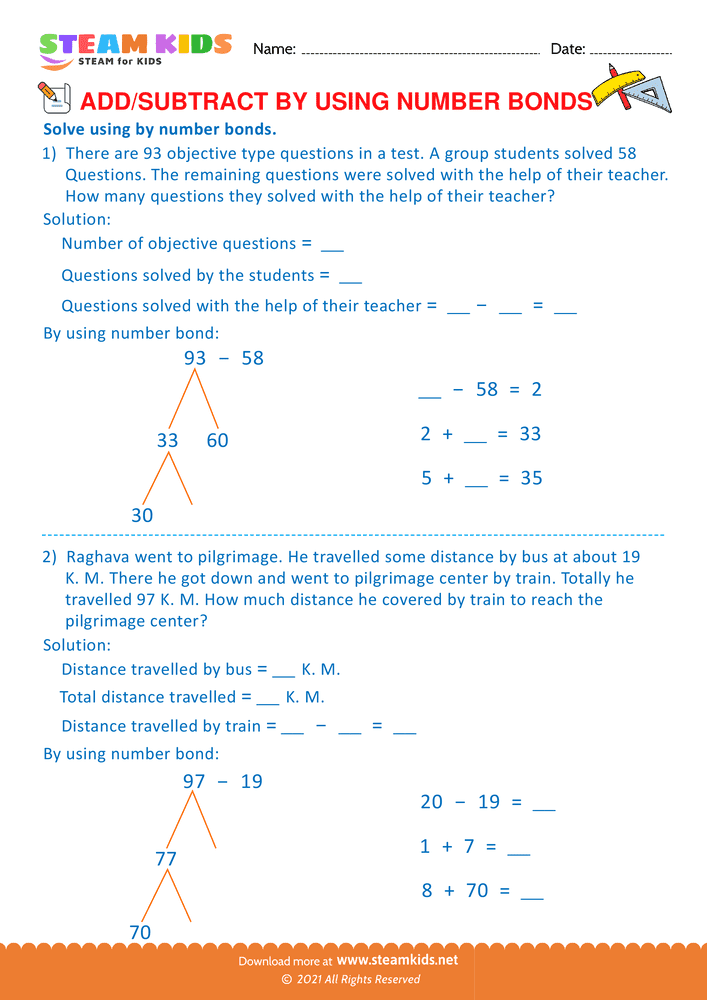 Free Math Worksheet - Add or Subtract by Using Number Bond - Worksheet 12