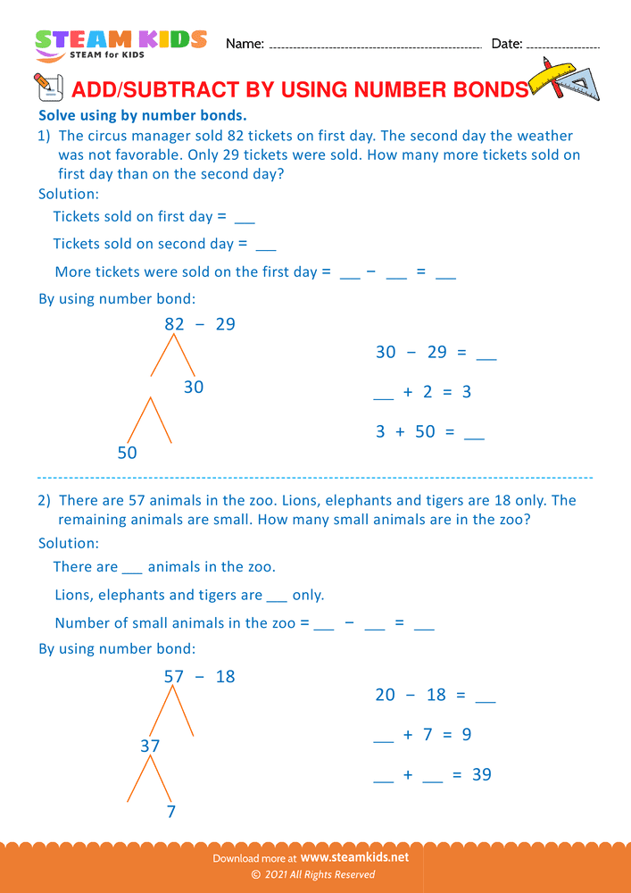 Free Math Worksheet - Add or Subtract by Using Number Bond - Worksheet 13