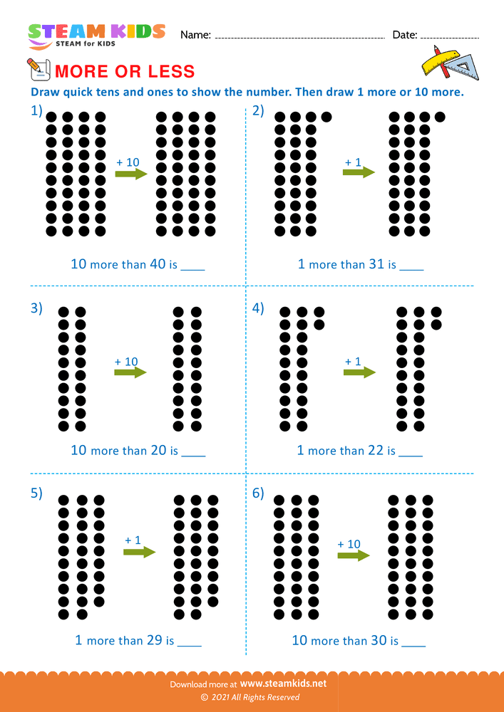 Free Math Worksheet - More or less upto 40 - Worksheet 10