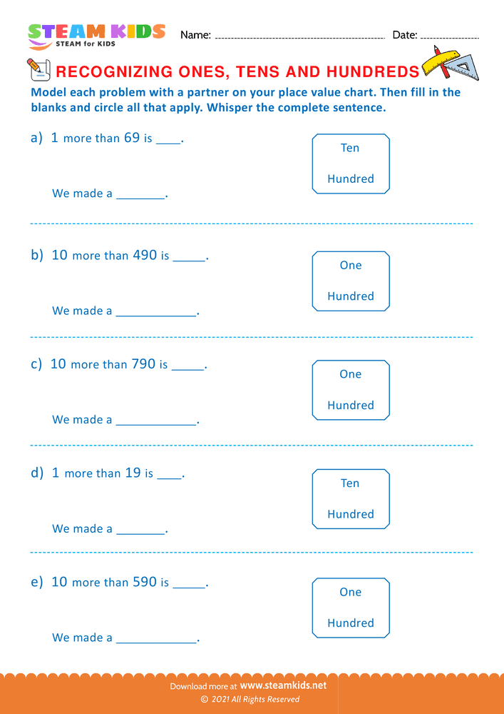 Free Math Worksheet - Recognizing ones tens and hundreds - Worksheet 4