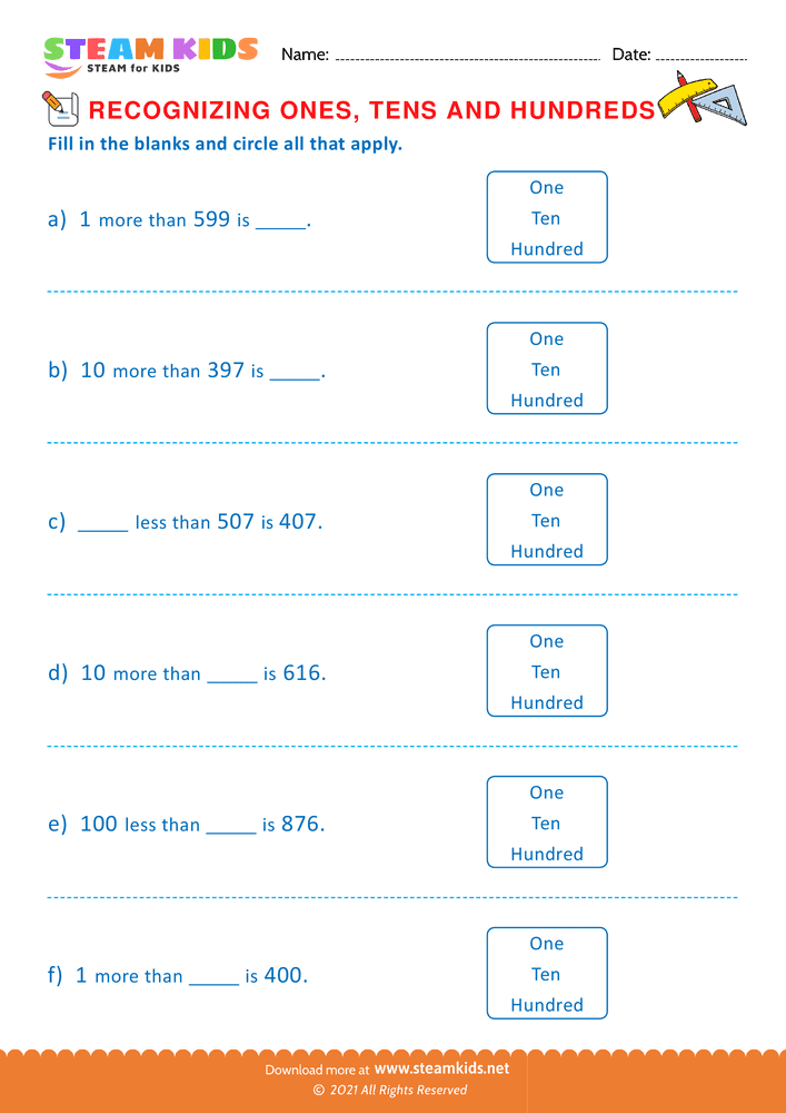 Free Math Worksheet - Recognizing ones tens and hundreds - Worksheet 8