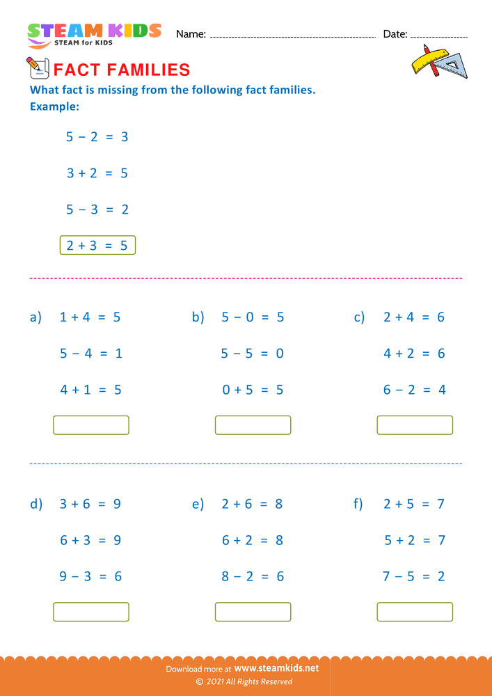 Free Math Worksheet - Find missing fact - Worksheet 1