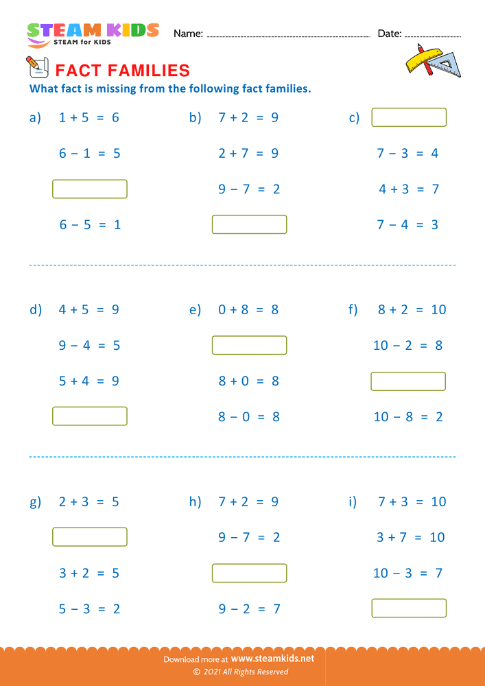 Free Math Worksheet - Find missing fact - Worksheet 2