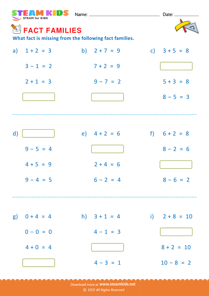 Free Math Worksheet - Find missing fact - Worksheet 3