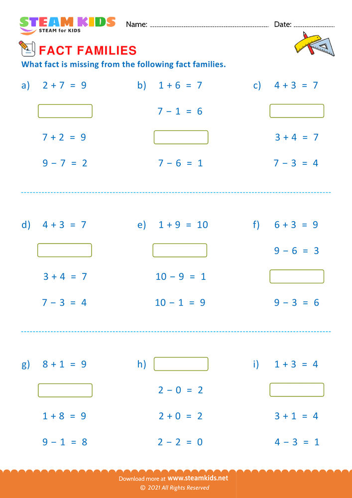 Free Math Worksheet - Find missing fact - Worksheet 4