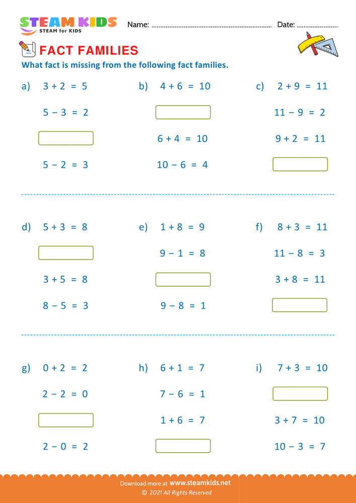 Free Math Worksheet - Find missing fact - Worksheet 5