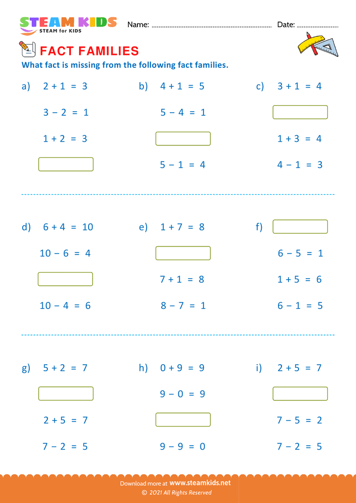 Free Math Worksheet - Find missing fact - Worksheet 6