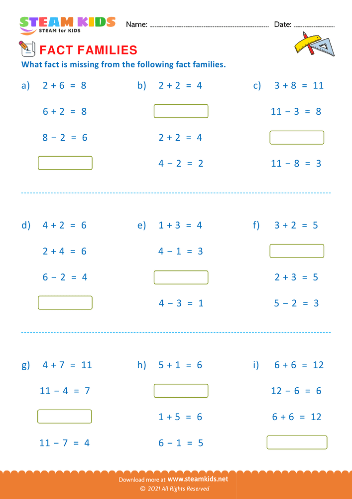 Free Math Worksheet - Find missing fact - Worksheet 7