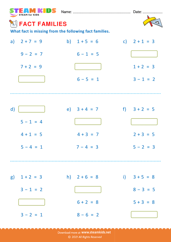 Free Math Worksheet - Find missing fact - Worksheet 8