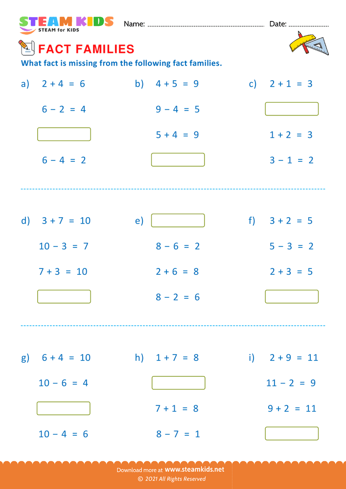 Free Math Worksheet - Find missing fact - Worksheet 9