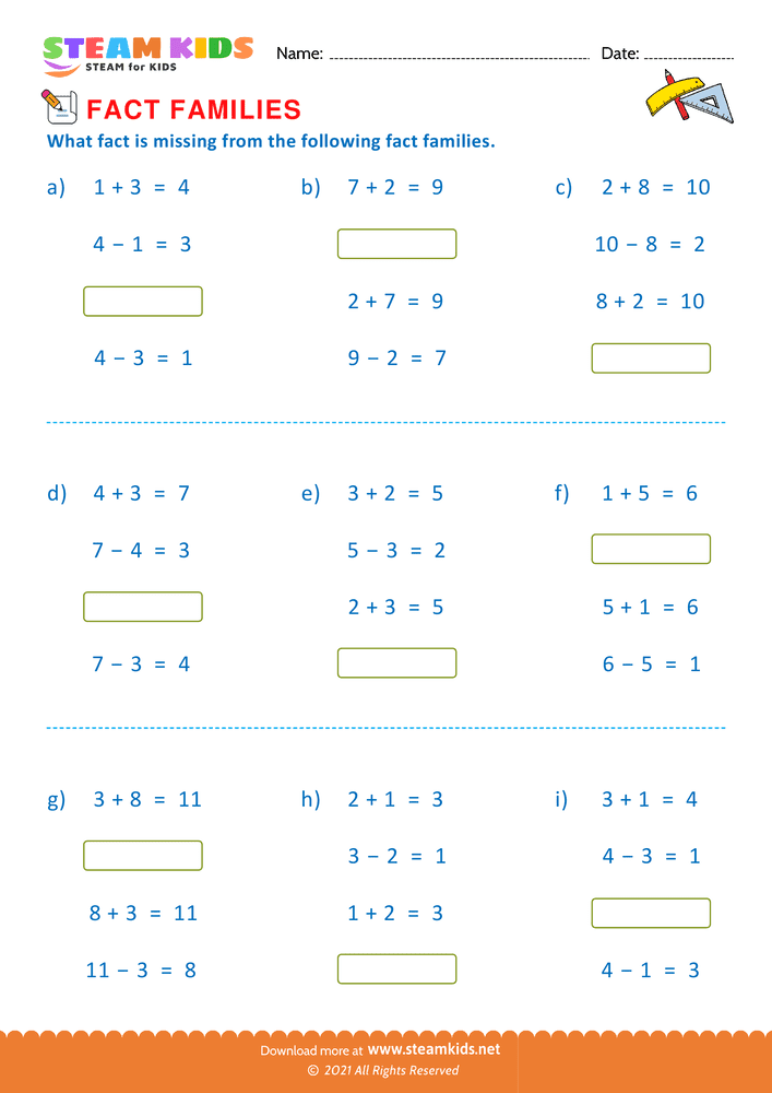 Free Math Worksheet - Find missing fact - Worksheet 10