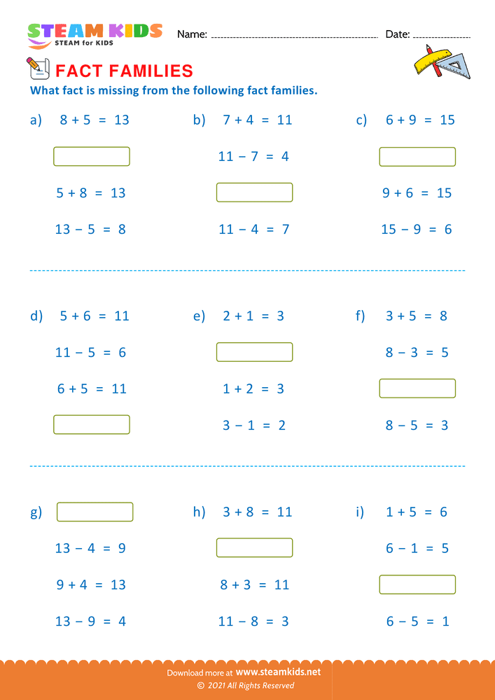 Free Math Worksheet - Find missing fact - Worksheet 12
