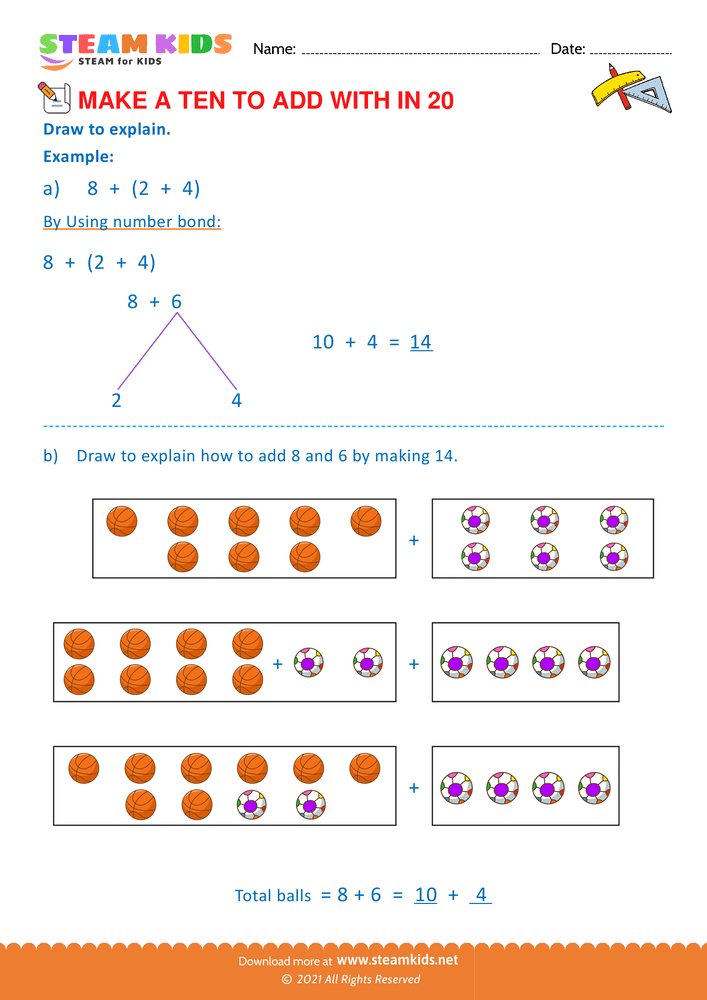 Free Math Worksheet - Make a ten to add with in 20 - Worksheet 1