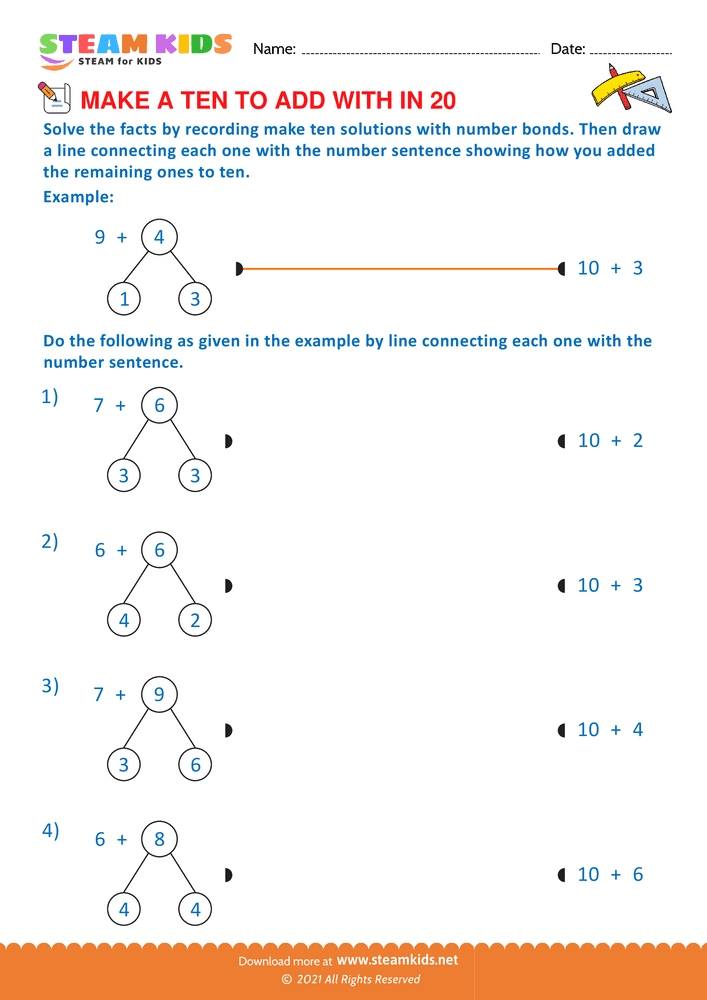 Free Math Worksheet - Make a ten to add with in 20 - Worksheet 3