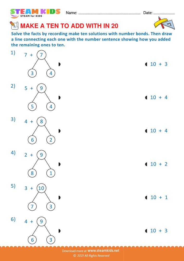 Free Math Worksheet - Make a ten to add with in 20 - Worksheet 4