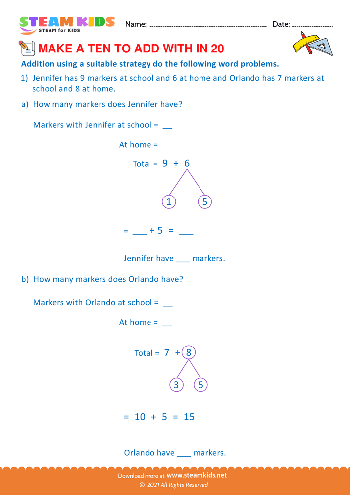 Free Math Worksheet - Make a ten to add with in 20 - Worksheet 5