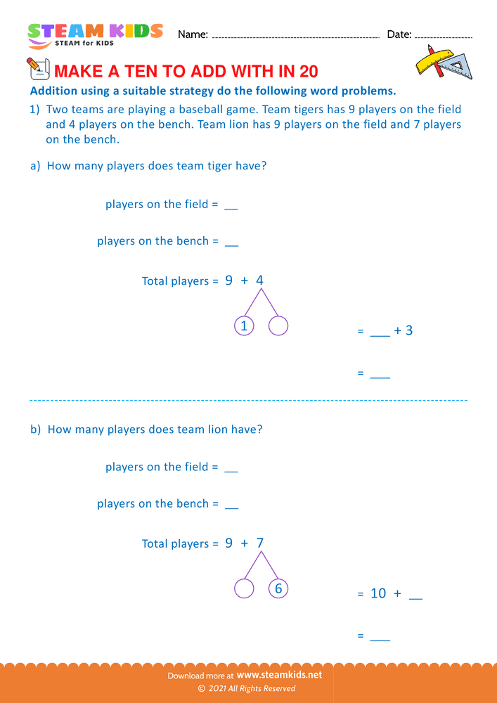 Free Math Worksheet - Make a ten to add with in 20 - Worksheet 6