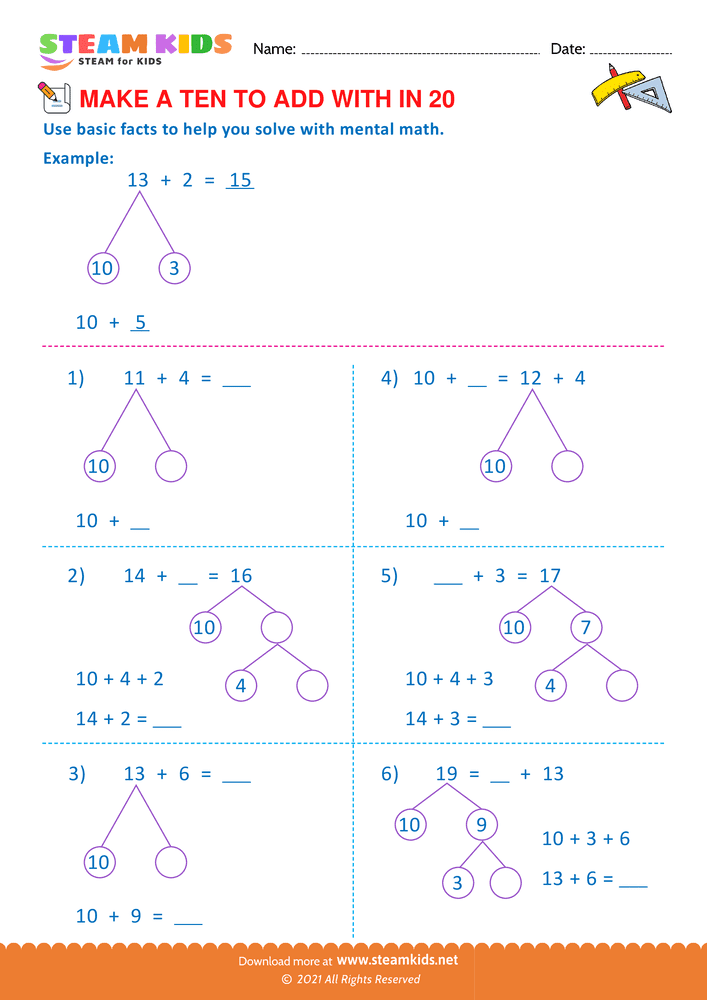 Free Math Worksheet - Make a ten to add with in 20 - Worksheet 9
