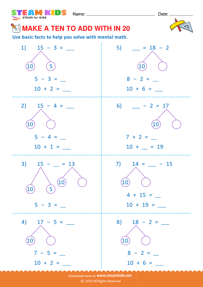 Free Math Worksheet - Make a ten to add with in 20 - Worksheet 10