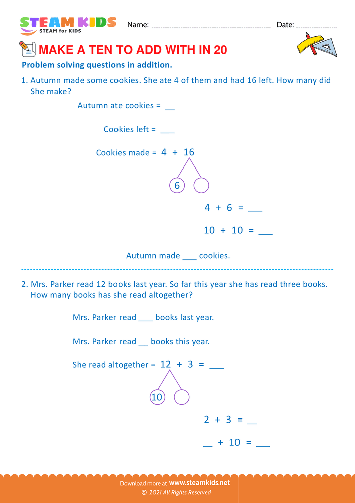 Free Math Worksheet - Make a ten to add with in 20 - Worksheet 11