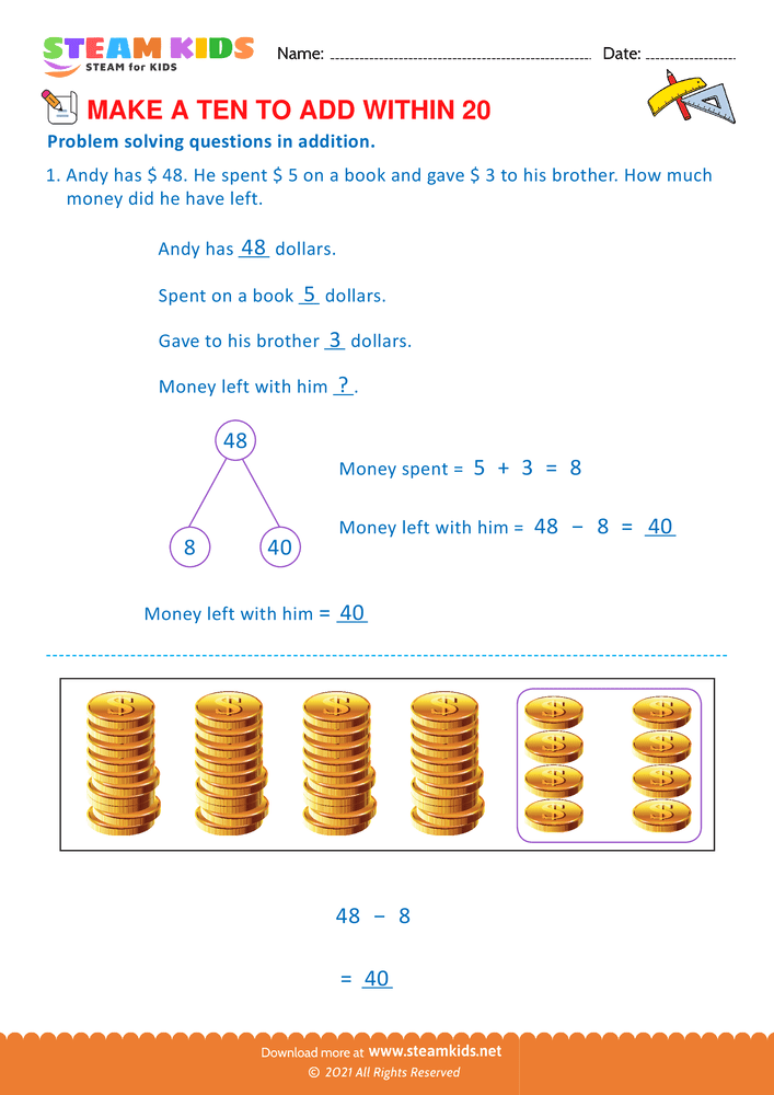 Free Math Worksheet - Make a ten to add with in 20 - Worksheet 12