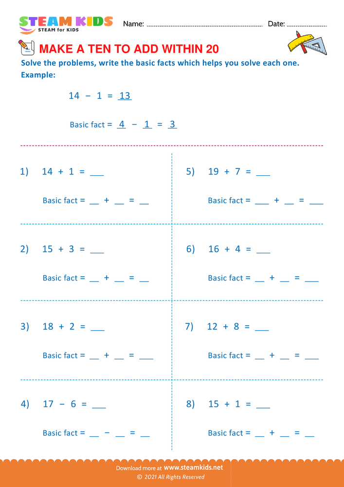 Free Math Worksheet - Make a ten to add with in 20 - Worksheet 13