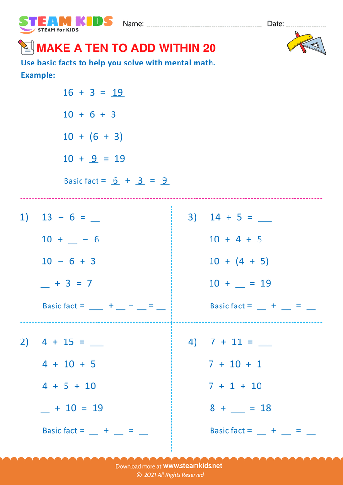 Free Math Worksheet - Make a ten to add with in 20 - Worksheet 14