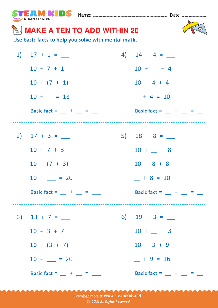 Free Math Worksheet - Make a ten to add with in 20 - Worksheet 15