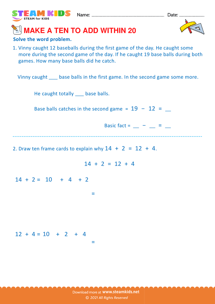 Free Math Worksheet - Make a ten to add with in 20 - Worksheet 16